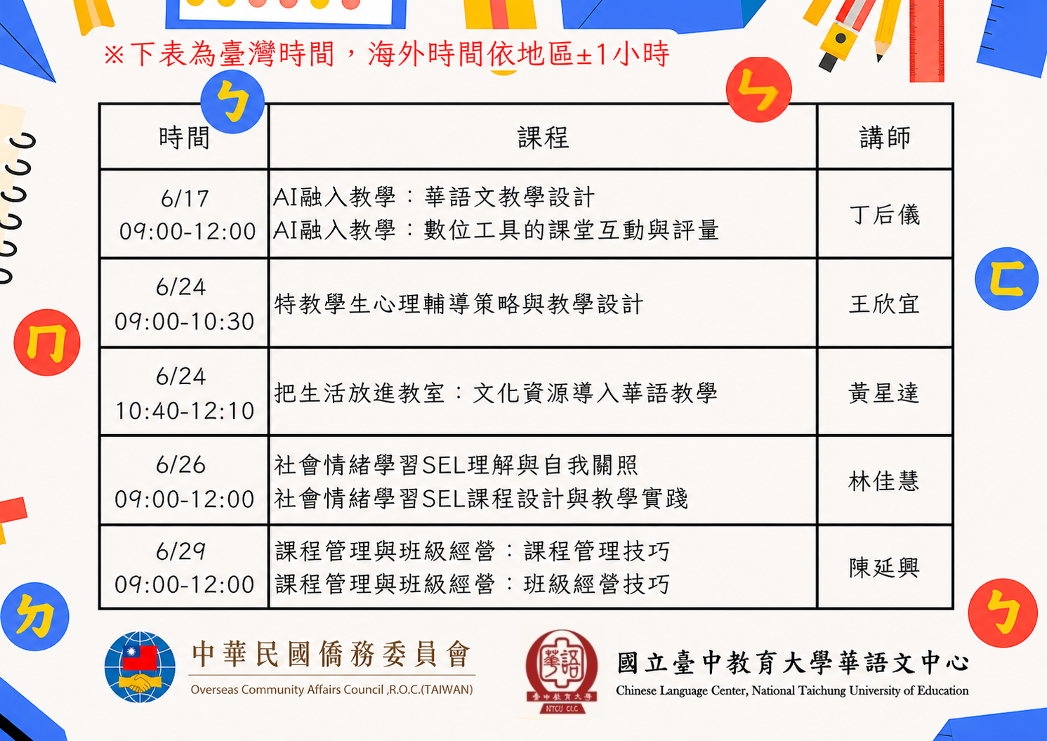 亞洲組初階班課程表