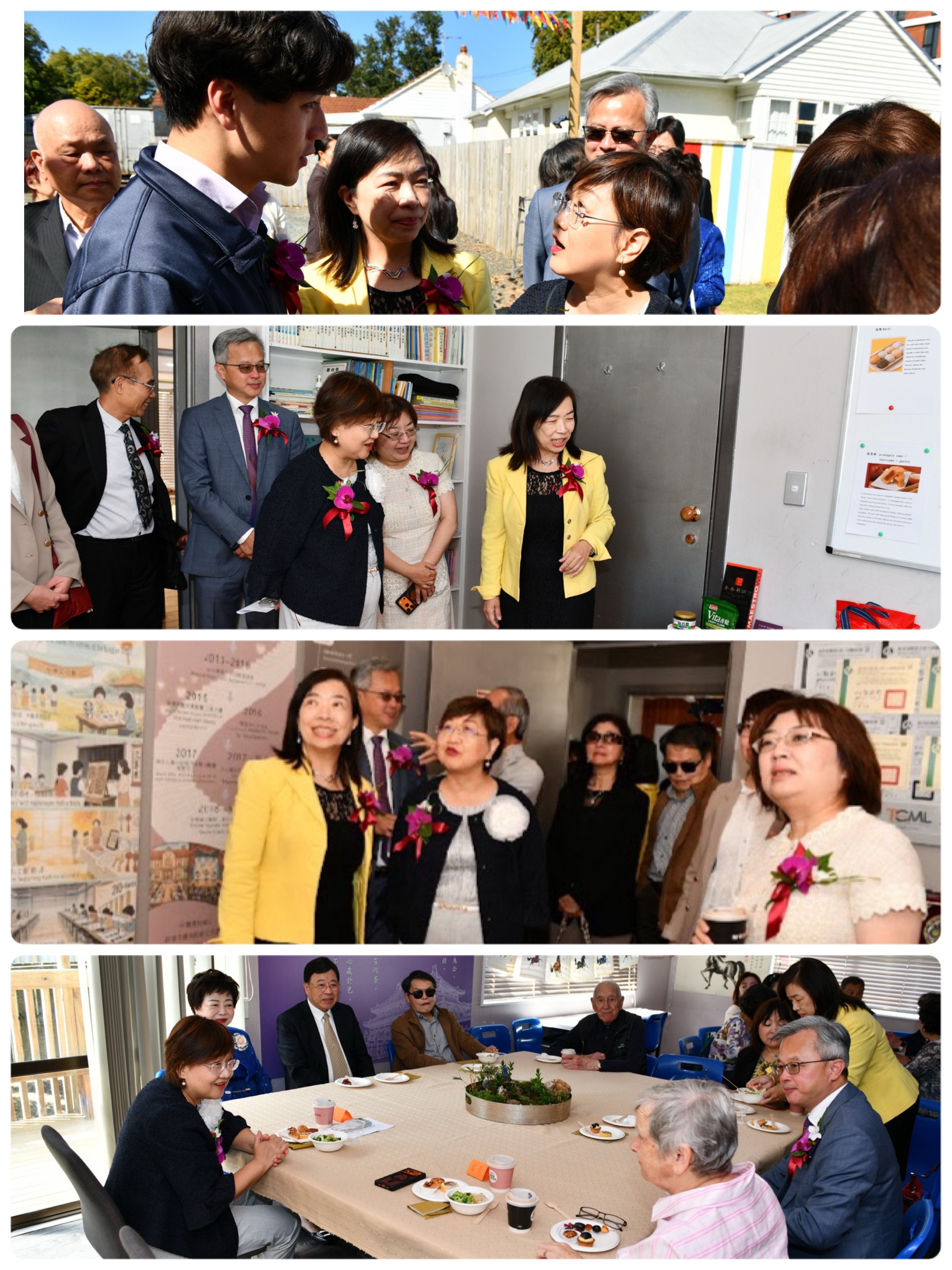 (上至下） 1 大合照後委員長與市議員交流，期待未來合作機會。市議員（左）副校長（中）委員長（右） 2 參觀「臺灣風情館」看到展示的各種臺灣零食及美味 3 參觀「校史室」欣賞各項活動影片 4 委員長與主流人士等交流互動，熱情洋溢，笑聲不斷