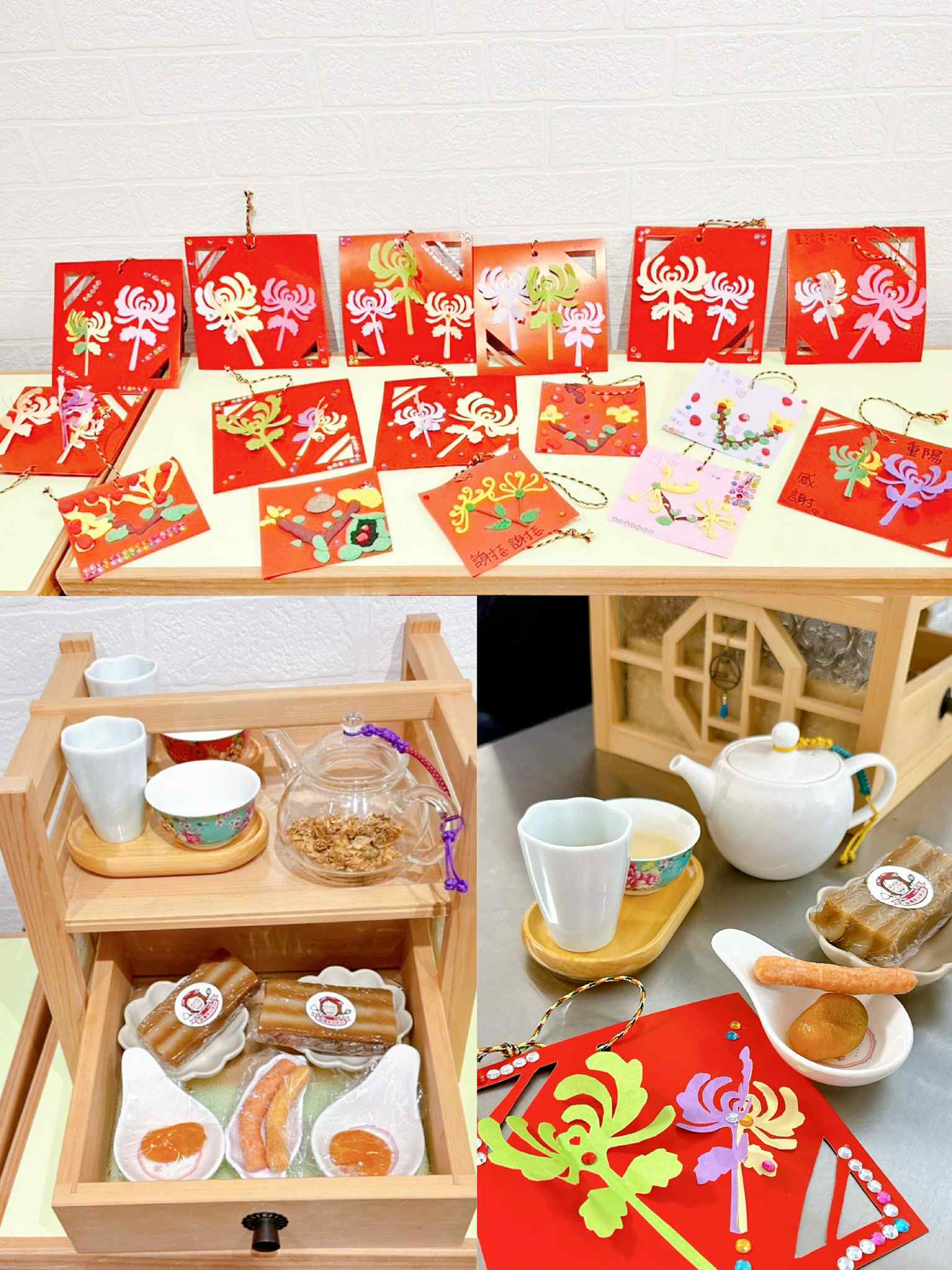 菊花作品與客家九層糕等臺灣糕點、菊花茶體驗