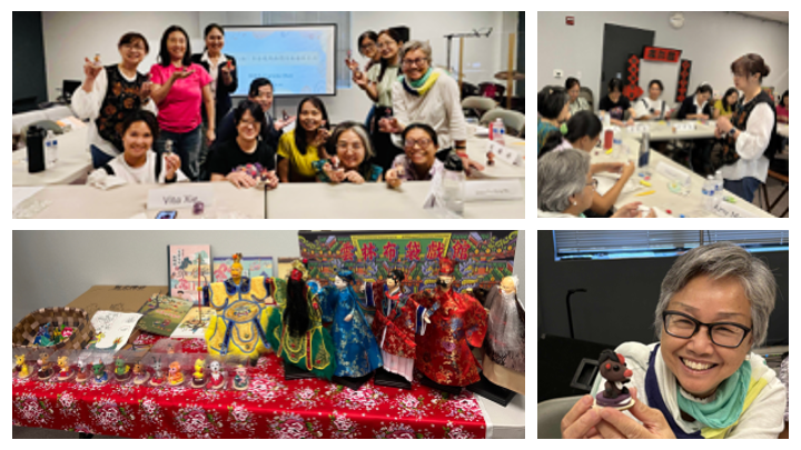 文化展示桌的布袋戲台與布袋戲偶讓與會老師們駐足許久。