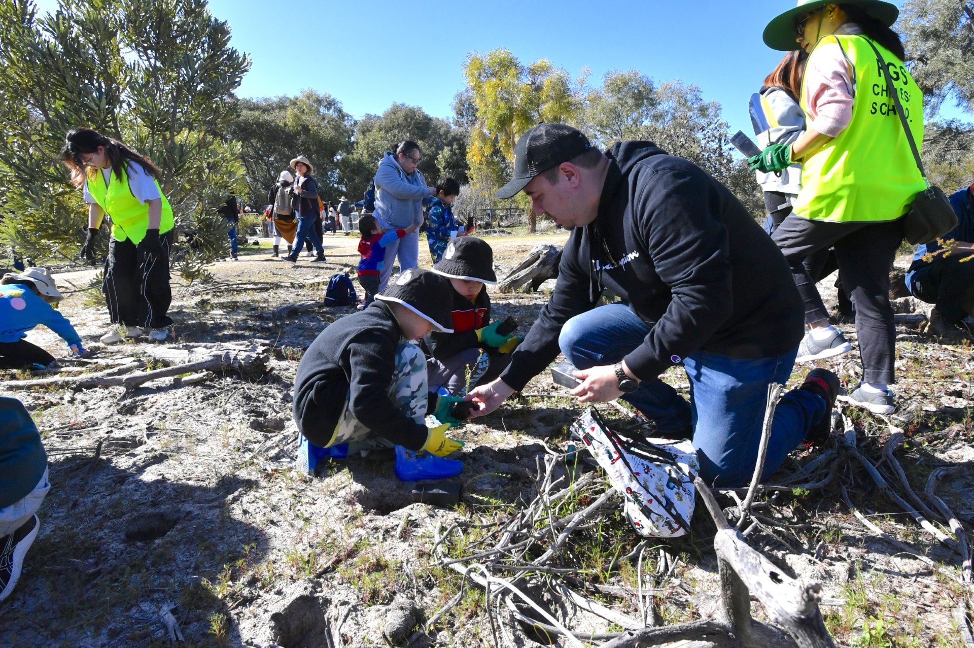 父親和孩子一同種下小樹苗