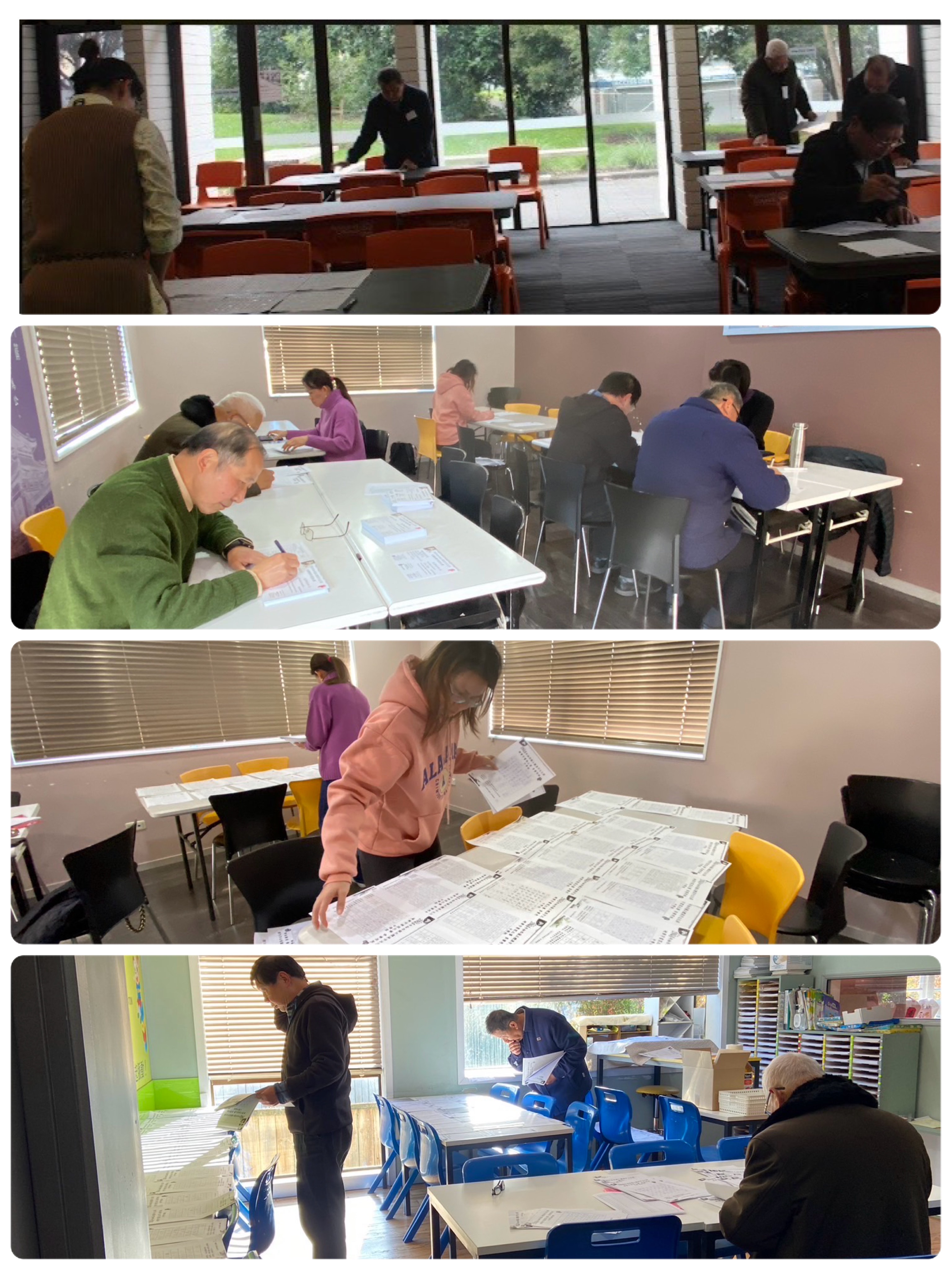 決賽評審（最上）寫參賽證書（上2）各級初賽評審（下2、最下）