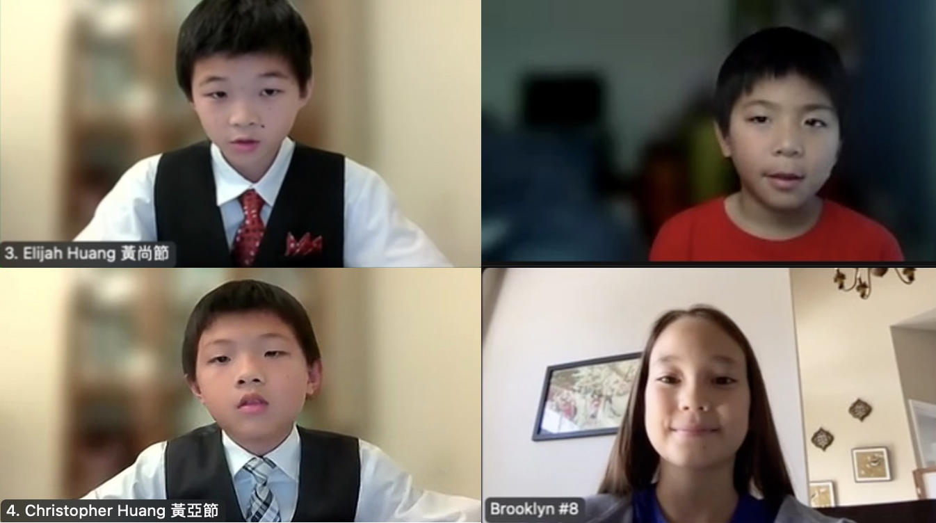 中級中文二前三名學生 （左上第一名黃尚節。右上第二名鄭宇翔。左下第三名黃亞節。右下第三名唐驪。）