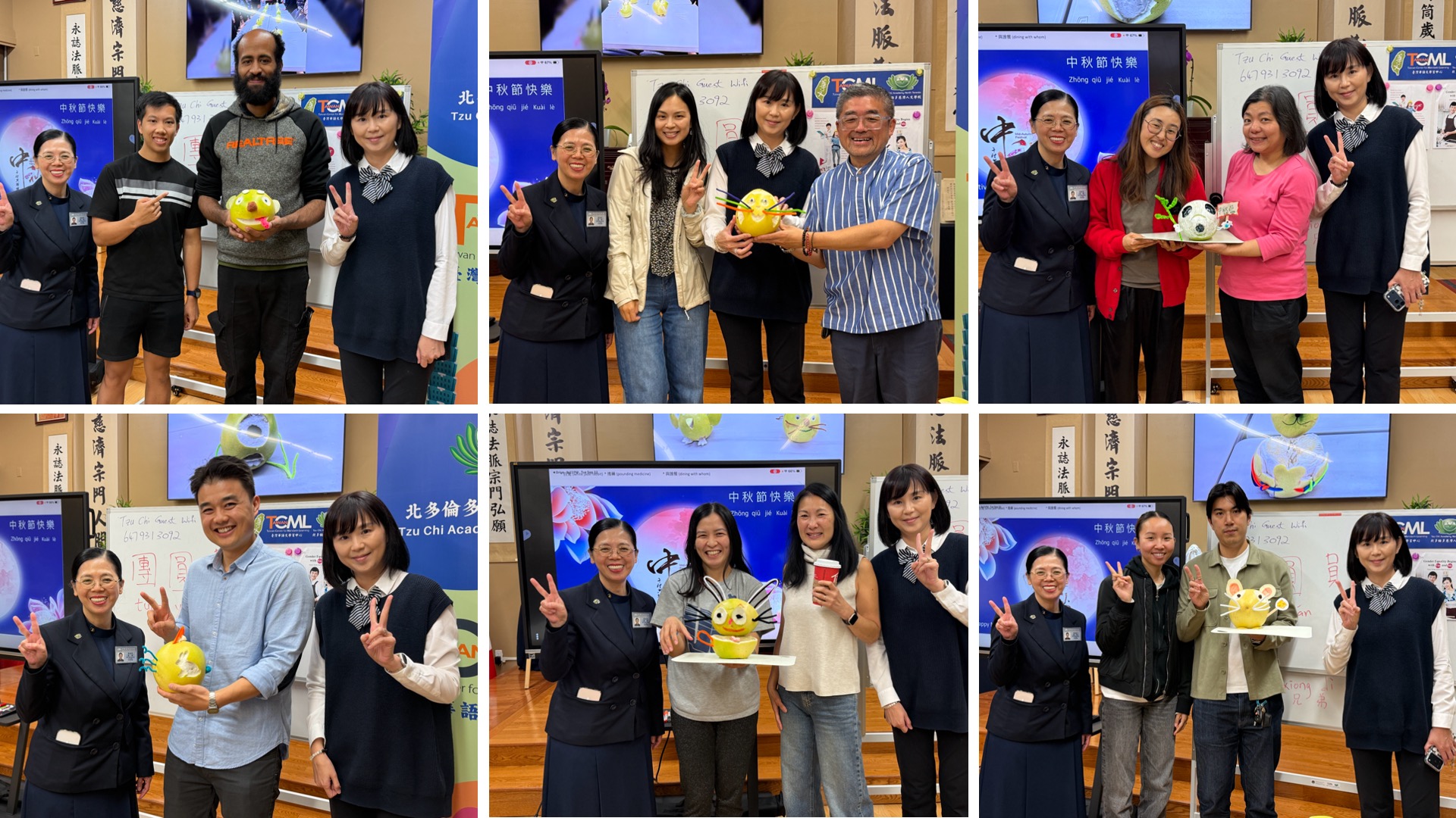 每一組學員們拿著完成的柚子雕刻創作成品與黃淑珍校長及程安琪老師合影留念
