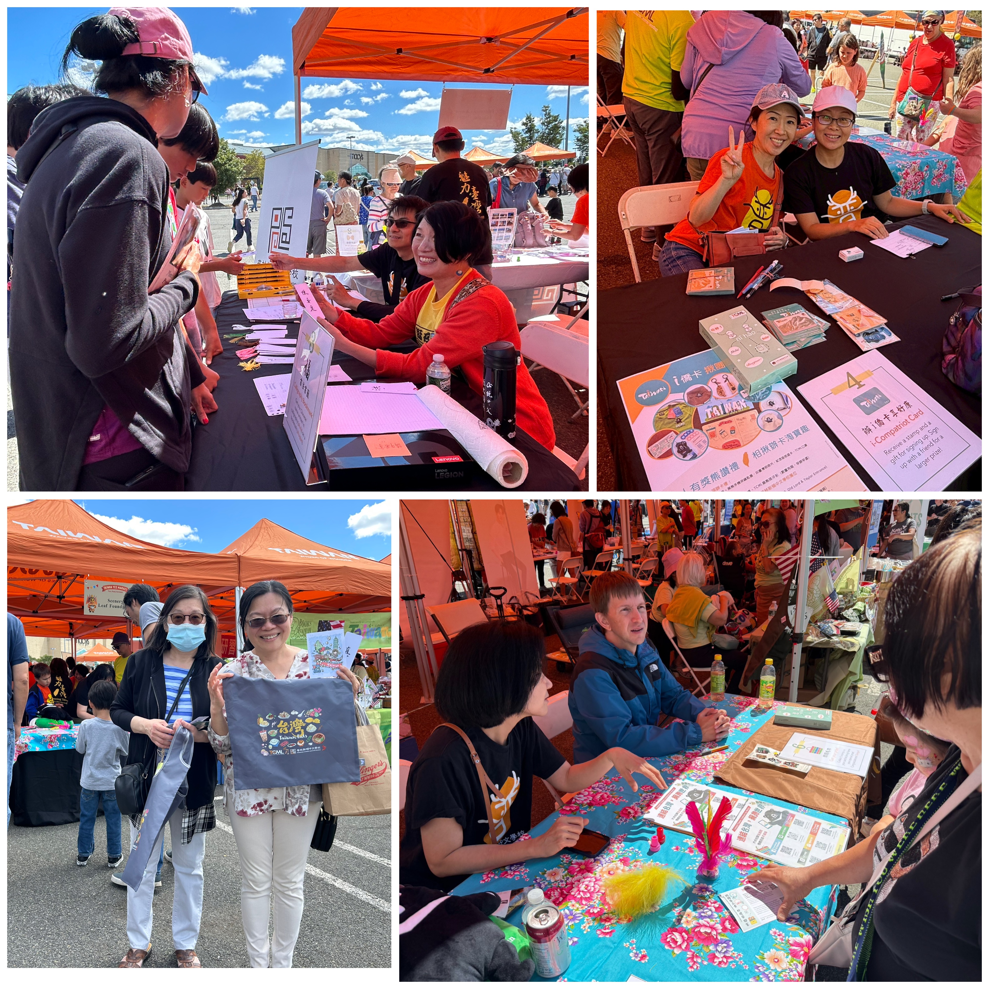 於五站點完成三站任務的民眾(左下)，與兌換的臺灣環保購物袋開心合影