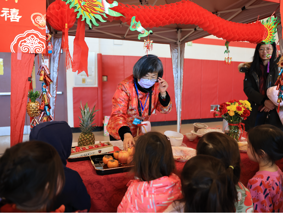 孩子們對年貨充滿好奇心。