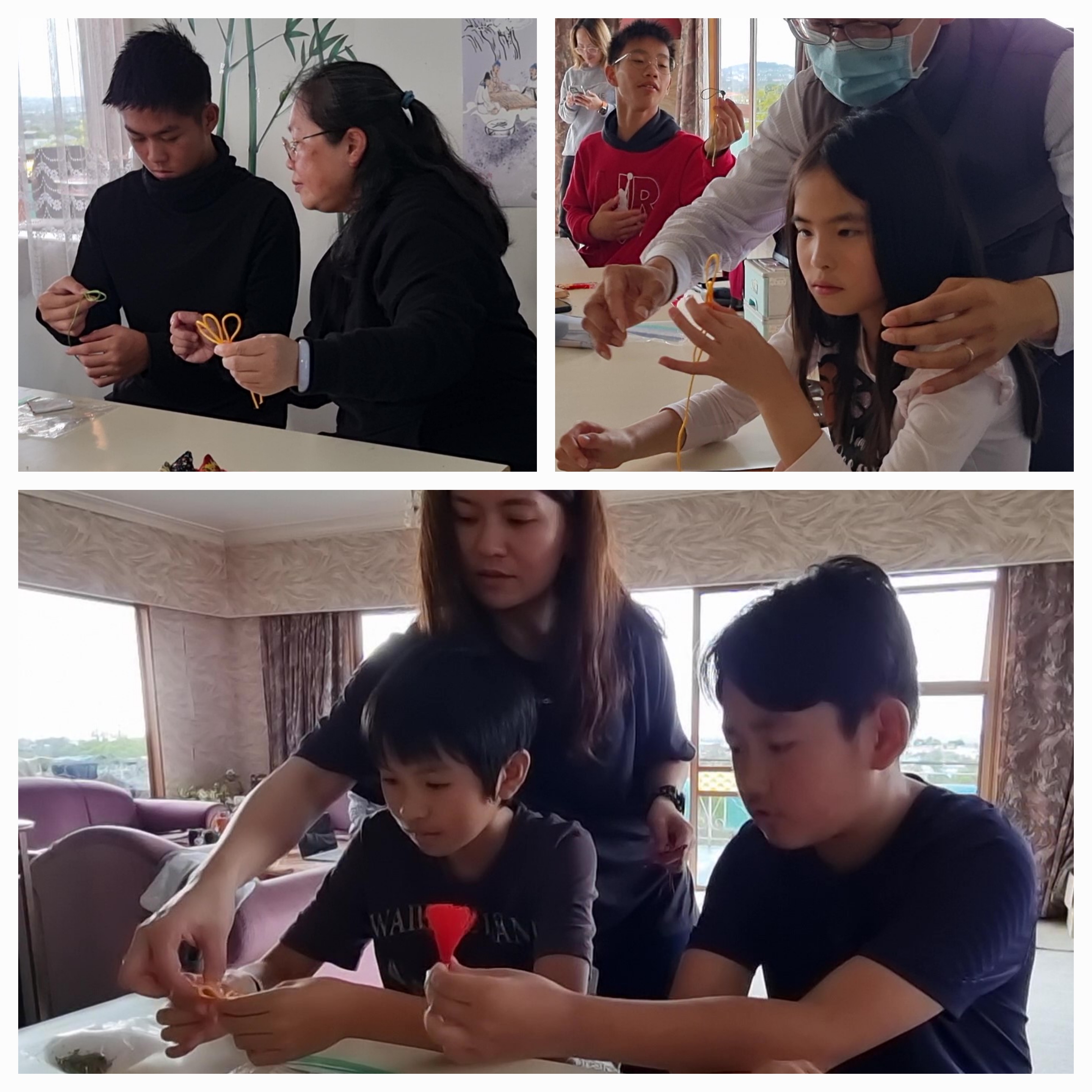 在講師陳僷樺（上圖左二）與助教的悉心指導下，學員全神貫注學習編織萬字結