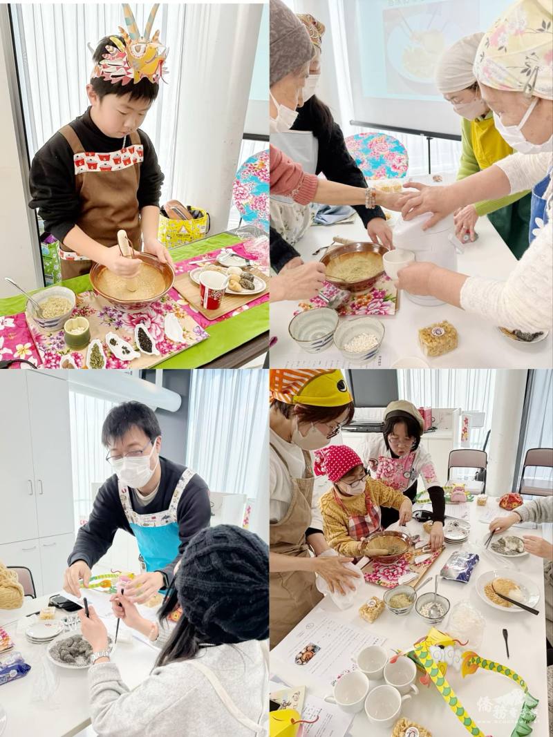 陳洳豔校長與彭聖元老師合作教學，共同示範擂茶與粢粑製作