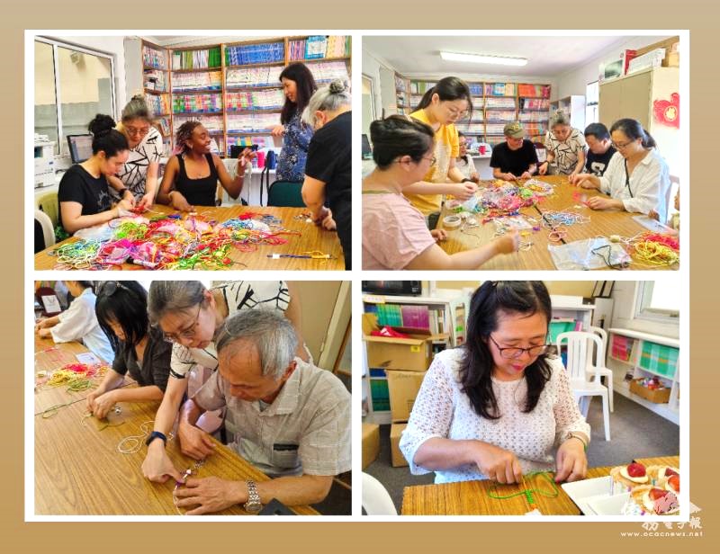 左上: 講師林愛芬(左站立者)教導學員編織結藝 右上: 小助手陳秐臻協助學員 左下: 學員認真編織結藝 右下: 開普敦中華學校校長孫曉慧