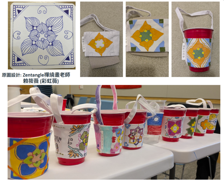 賴筱雯依據妹妹賴筱薇禪繞畫的構圖特色，調整設計成適合彩繪於布料提袋上的版本並指導學員彩繪技巧。