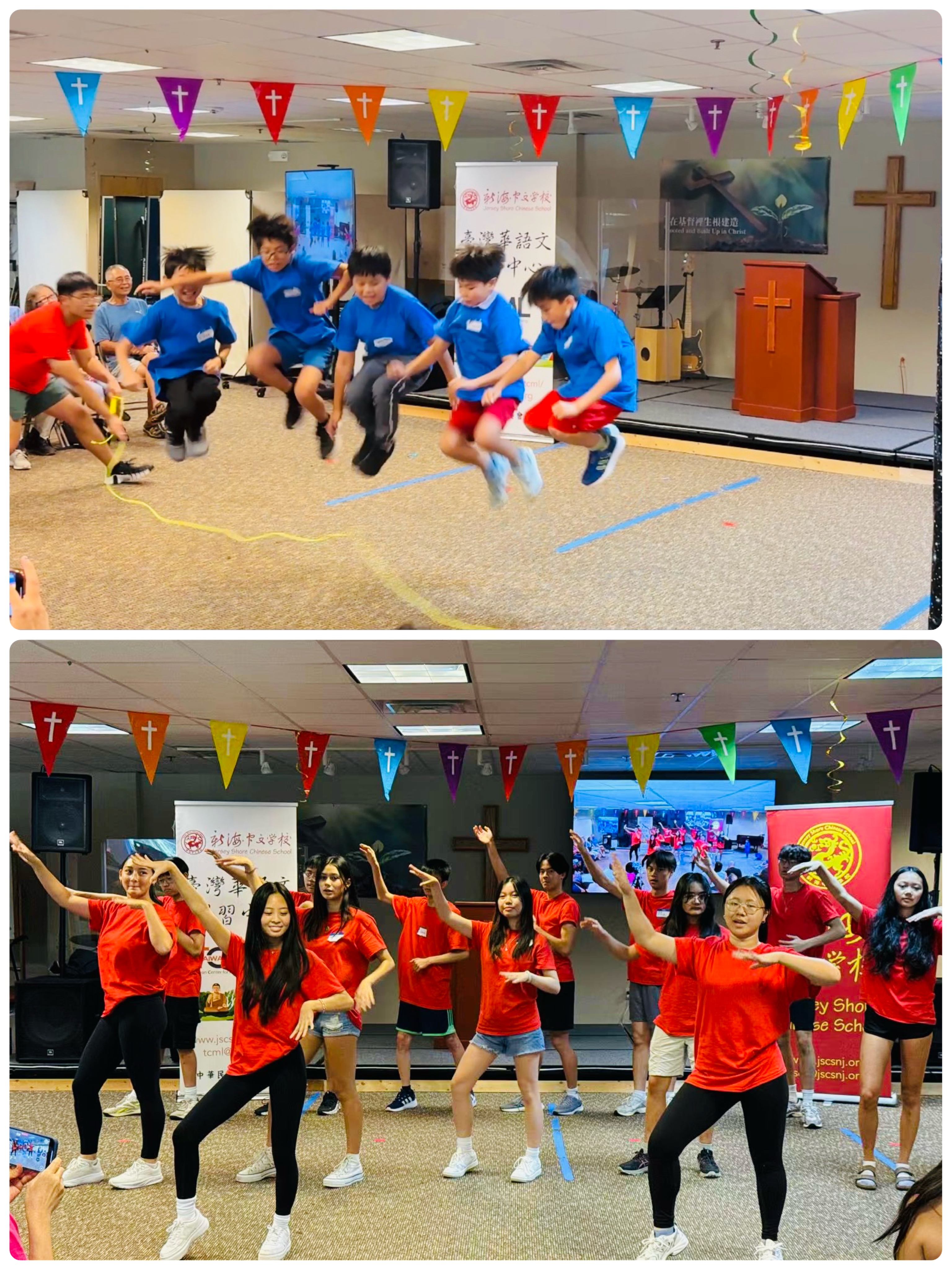 (上) 跳繩課程深受學員喜愛，場面熱鬧非凡。(下) 助教們自編舞蹈登台演出，盡展青春風采。