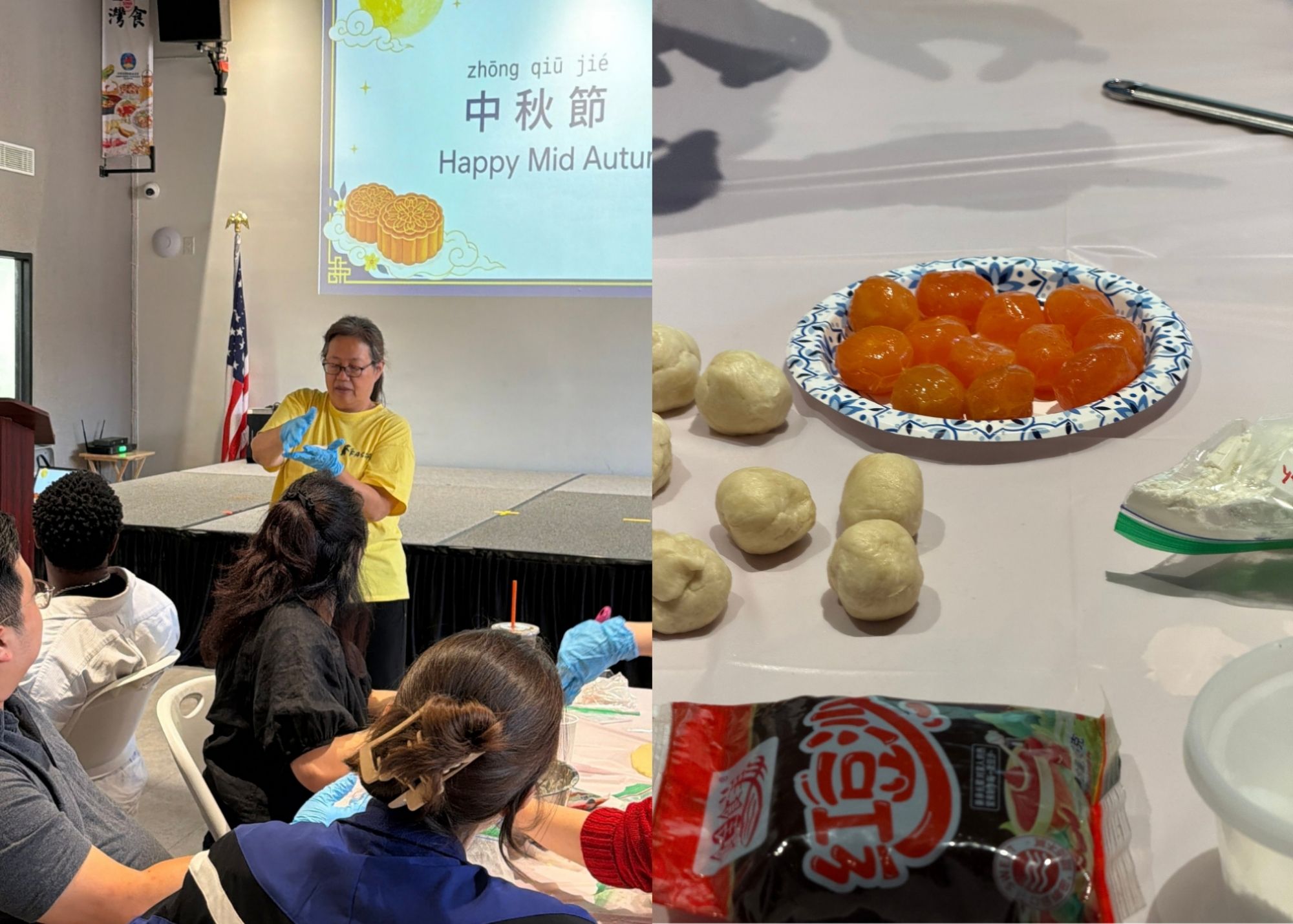 老師示範中秋點心製作步驟，帶領學員認識蛋黃酥的材料與作法。