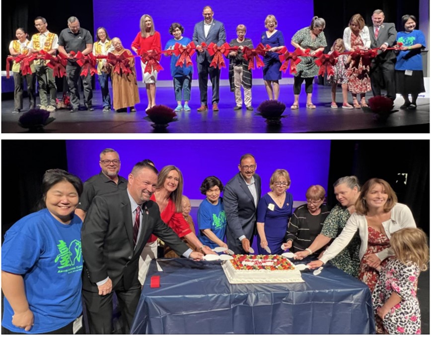 亞立桑那州務卿Arizona Secretary of State Adrian Fontes,政要和貴賓共同剪綵,切今日大蛋糕慶祝夏令營二十八歲生日