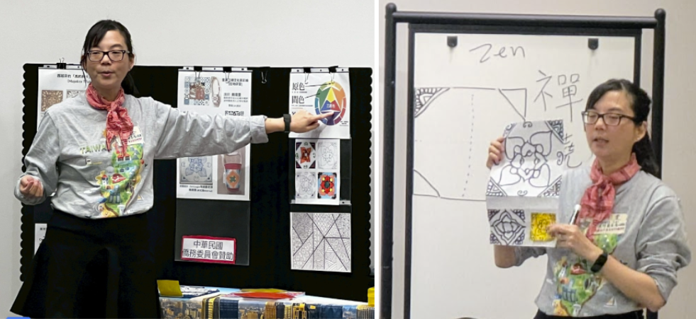 賴筱雯以禪繞畫構圖結合幾何設計，介紹花磚藍、橘、黃、綠等傳統配色。