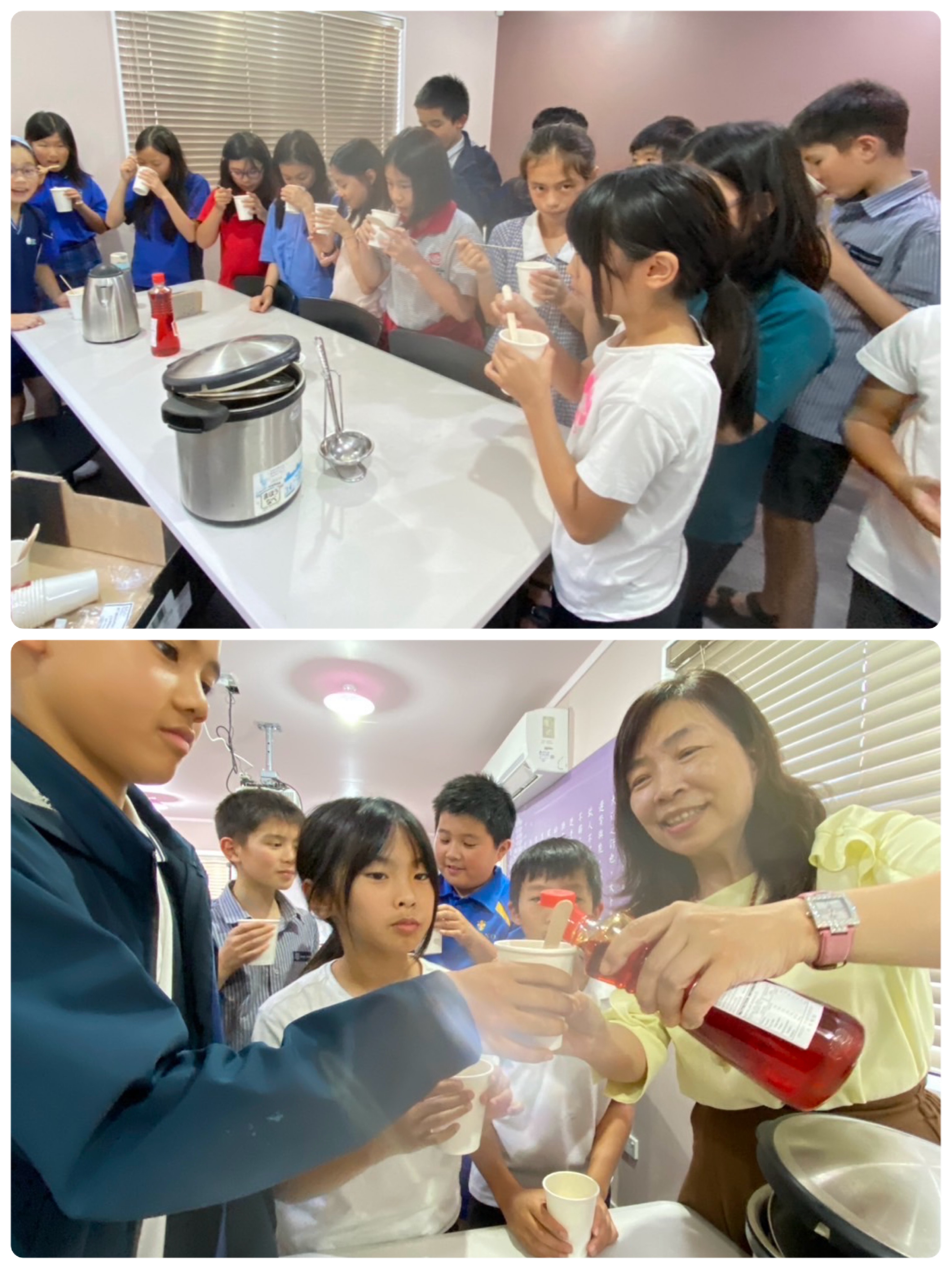 大家品嚐酸辣湯（上）孩子們在互相刺激下試著加更多的辣油（下）