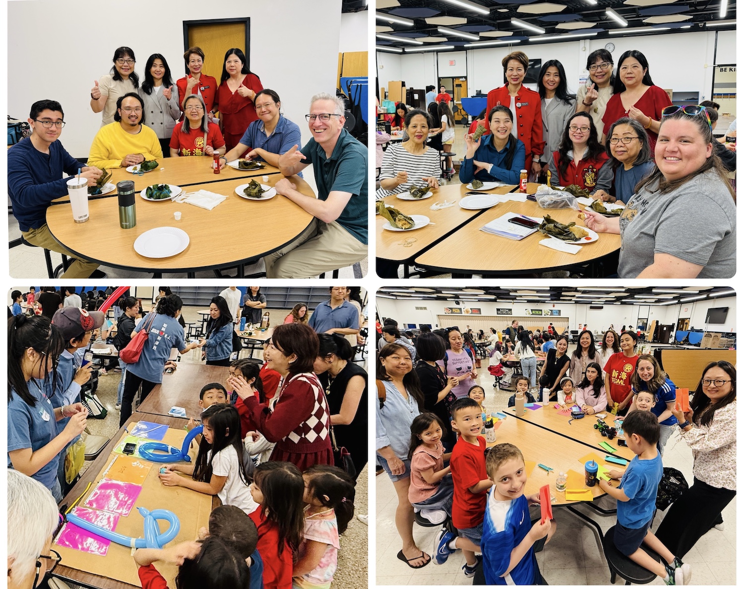 臺灣華語文學習中心學生開心享用美味的粽子 （上）美美門教會義工親切為小朋友製作造型汽球（左下）小朋友們投入紙粽子手作活動。(右下)