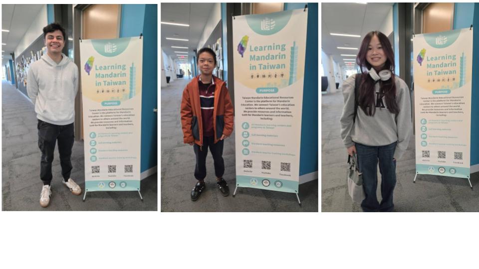 (左)來自佛州的米凱勒(Mikele)，(中)黎明中文學校八年級的王榮曄，(右)江石立曾就讀維華中文學校，目前就讀大學