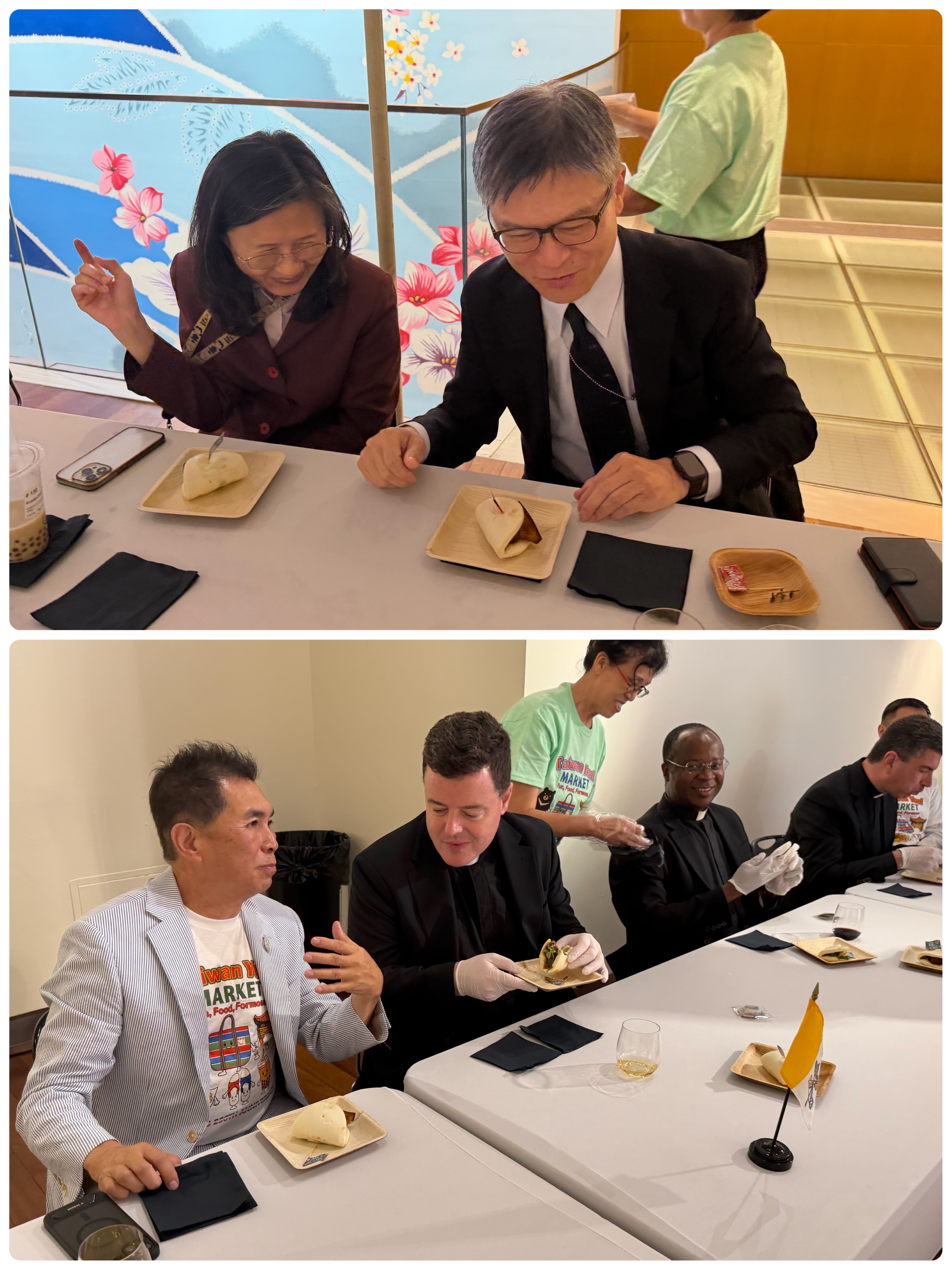 友邦大使品嚐現場製作的臺灣美食，透過味覺與語言體驗臺灣飲食文化。
